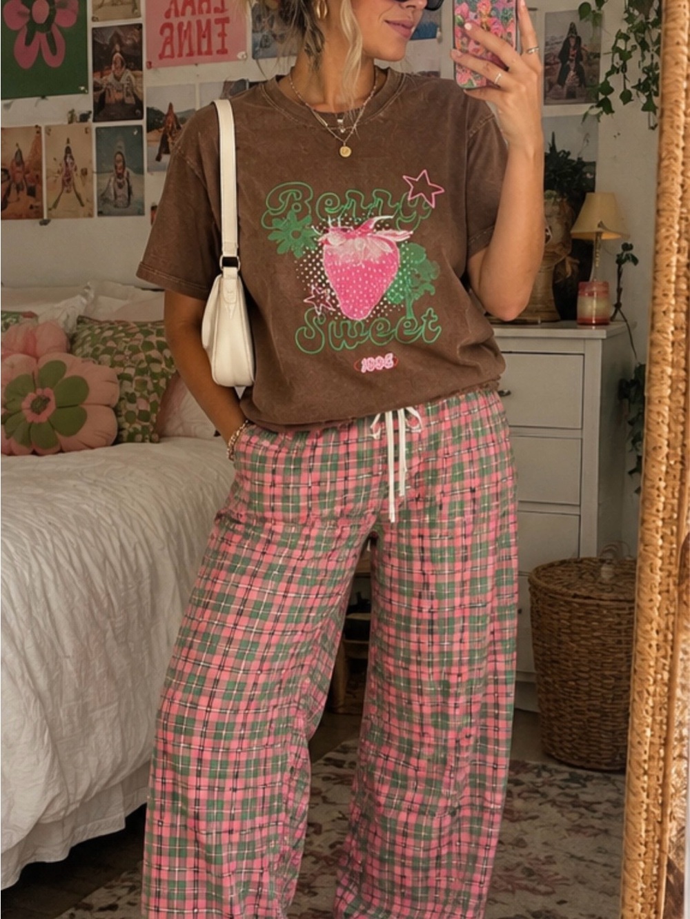 Comfort Colors Brown Tee with Pink Strawberry & Green Accents